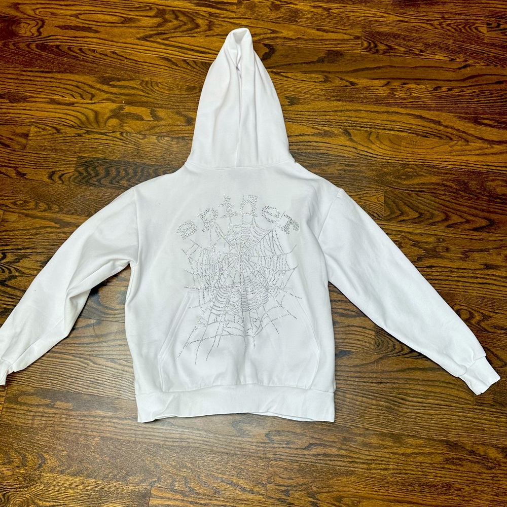 Sp5der white OG rhinestone hoodie. Size M